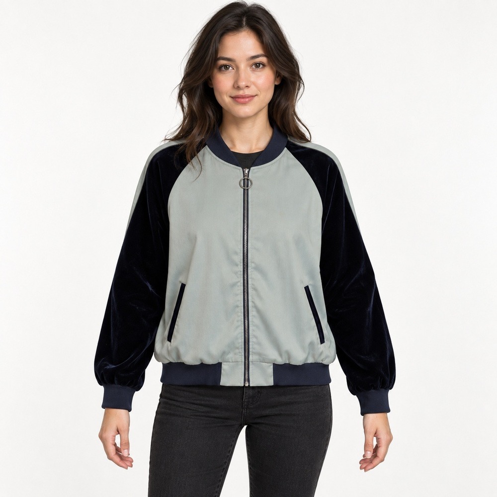 GOELIA Womens S Floral Embroidered‎ Velvet Sleeve Bomber Jacket Blue Gray